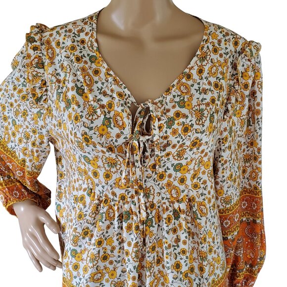 Cottage Core Peasant Boho Tunic Top Blouse Womens L Elephant Flowers Autumn Fall - Picture 4 of 16